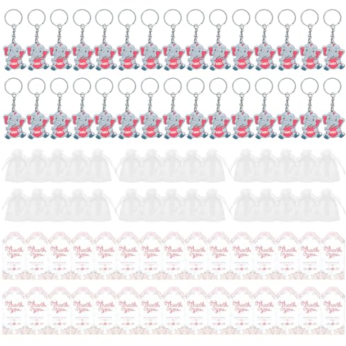 Sorrowso Schlüsselanhänger für Babypartys, 30 Stück, Elefanten-Baby-Schlüsselanhänger mit Organzas-Tasche, Dankeschön-Geschenk für Babypartys, Taufen, Geschenk, Elefanten-Schlüsselanhänger + von Sorrowso