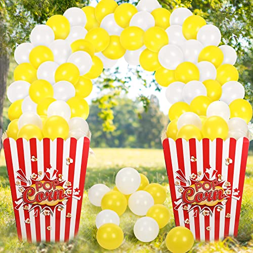 2 Stück Riesige Popcorn Box Karton Stand up mit 100 Luftballons Film Popcorn 3D Popcorn Box Karton Stand Up und Gelb Weiß Popcorn Thema Ballons Karneval Dekorationen für Film Themenparty von Sosation