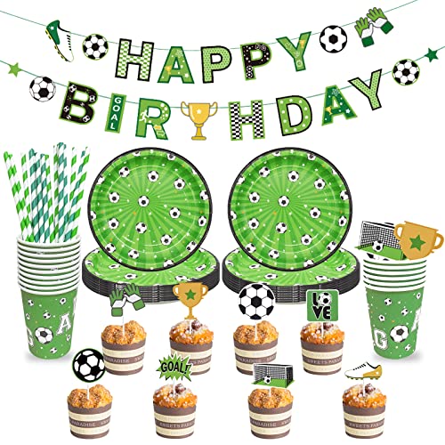 Fußball Party Dekorationen Geburtstagsparty Zubehör Set, Happy Birthday Banner, 16 Pappteller, 16 Pappbecher, 24 Cake Toppers, 20 Strohhalme, Kindergeburtstag Partyzubehör Fussball Partygeschirr von Sosayet