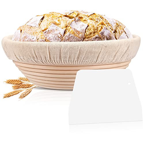 Gärkörbchen rund, Brotkorb (Ø 25 cm, Höhe 8.5 cm) mit waschbarem Leineneinsatz und Teigschaber, Gärkorb aus natürlichem Peddigrohr Optimal für 1Kg Teig, Brot backen Zubehör für Brot und Teig von Sosayet