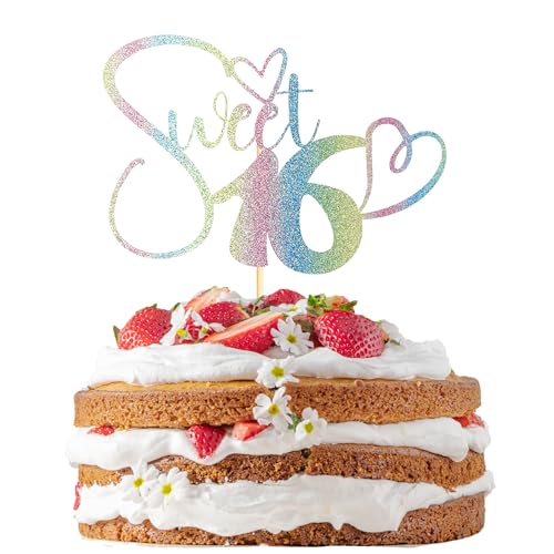 Sotpot 1 Stück Regenbogen Glitzer Sweet 16 Cake Topper Happy 16th Birthday Party Supplies Sweet Sixteen Theme Party Dekorationen Sweet 16 Birthday Cake Party Supplies Farbe von Sotpot