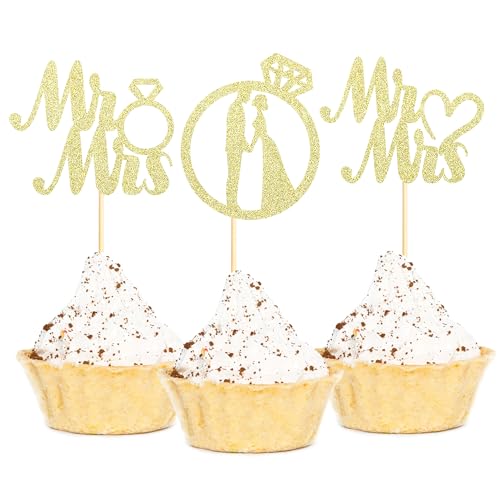 Sotpot Cupcake-Topper mit Ring, Motiv: Miss to Mrs, goldfarben, 24 Stück von Sotpot