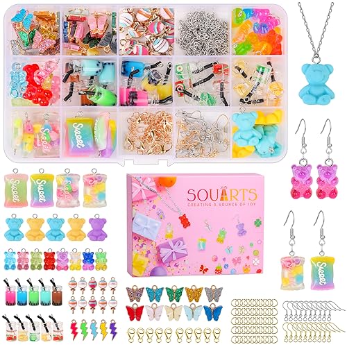 Souarts 99PCS Charms Schmetterling Bär Anhänger Set mit 81PCS Zubehör für Ohrringe Armband Halskette Schlüsselanhänger, Schmuck Selber Machen Set mit Aufbewahrungsbox von Souarts