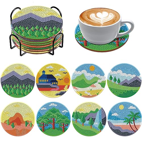 Souarts Diamond Painting Untersetzer mit Halter, 8pcs DIY Diamant Painting Coasters Basteln Landschaften Erwachsene Kinder für Glas Tassen Vasen Kerzen Getränke von Souarts