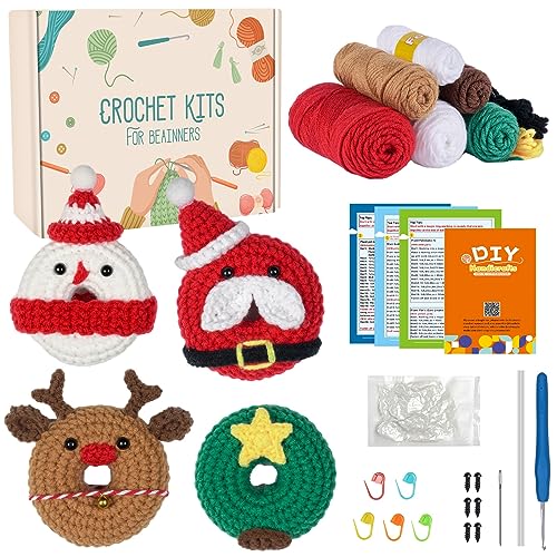 Souarts Komplett Häkelset für Anfänger Weihnachten, Häckeln Stricken für Anfänger Set mit Anleitung Häkelnadeln Garn, Kreativ Strickset Bastelset für Erwachsene Kinder Geschenk (Bunt Weihnachten) von Souarts