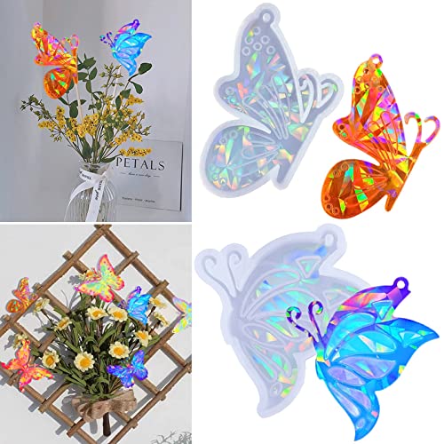 Souarts Resin Silikonform Epoxidharz Formen Holografisch Effekt DIY Harz Silikonformen für Schlüsselanhänger Weihnachtsbaum Anhänger Katzenpfote Blumen Herz Form, 18cm, Weiss Schmetterling 7.1x6 von Souarts