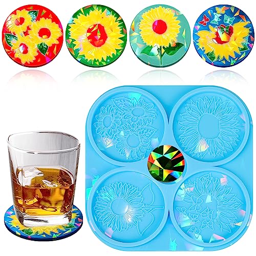 Souarts Untersetzer Resin Silikonform Epoxidharz Formen Holografisch Effekt DIY Harz Silikonformen für Glasuntersetzer Getränke Tassen Bar Glas Tischuntersetzer (Blau Sonnenblume) von Souarts