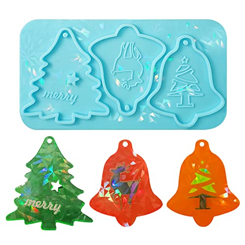 Souarts Weihnachten Resin Silikonform Epoxidharz Formen Silikon Holografisch Effekt DIY Gießform Harz Silikonformen für Weihnachtskugeln Schneeflocke Weihnachtsbaum Deko Anhänger(Blau Glocke) von Souarts