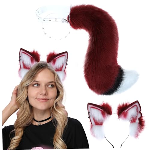 SouiWuzi Fox Kostüm Wolf Ohren und Heck Plüschstoff Wein rot mit eingebauten Skelett Cosplay Heade Fox Kostüm Stall Fuchs Ohren und Schwanzset, Fuchsohren und Schwanzset von SouiWuzi