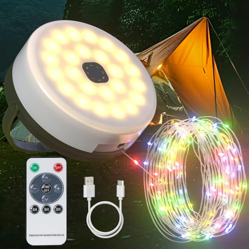 SoulBay Camping Lichterkette Aufrollbar, 10m RGB Bunt Camping Lichterkette mit 8 Beleuchtungsmodi, USB Aufladbar Campinglampe Camping Zubehör Wasserdichte für Zelt Zimmer Outdoor Halloween Deko von SoulBay