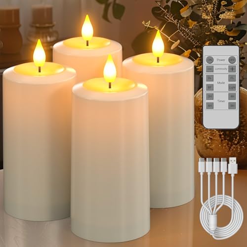 SoulBay LED Kerzen mit Timerfunction, 4er Set Wiederaufladbare Elektrische LED Kerzen Aufladbar mit Fernbedienung Timer, LED Stumpenkerzen Flackernd Wasserdicht für Zimmer Halloween Deko Weihnachten von SoulBay