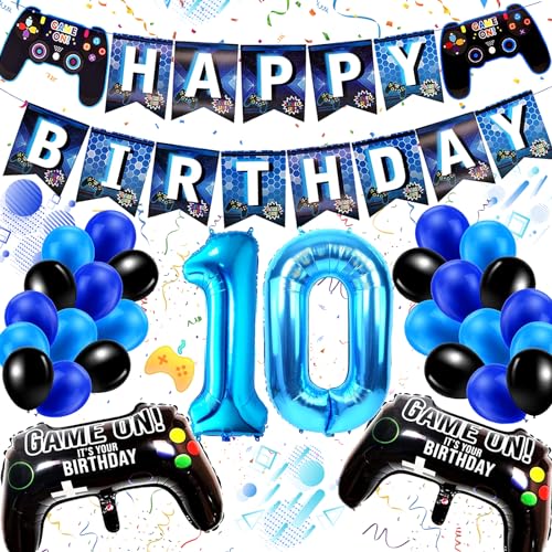 Videospiel Luftballon 10. Geburtstag Blau, Geburtstagsdeko Jungen, Happy Birthday Deko Junge, Gamer Deko Geburtstag, Ballons Blau Schwarz, Party Zubehör 10 Geburtstag Junge GeburtstagGame, für Kinder von SoundZero