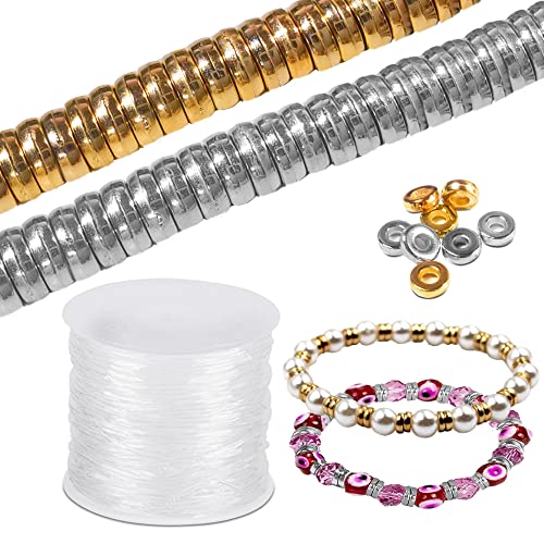 SourceTon 1500 Stück 6 mm flache runde Scheibe lose Abstandshalter Perlen (Gold und Silber) mit 1 Rolle transparente elastische Kristallschnur für Arm, ST-Flat Beads+Cord von SourceTon