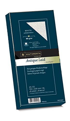 Southworth 90090 Umschläge fein geripptes Papier mit 25% Baumwolle, DIN lang, weiß, mit Wasserzeichen 90g/qm, 25 Stück im Karton von Southworth