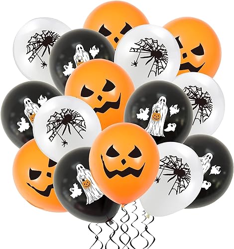 24 Stück Halloween Luftballons Halloween Dekoration 12 Zoll Orange Schwarz Weiß Latex Helium Luftballons mit Kürbis Spinne Gespenst für Kinder Halloonween Party Deko von Sovanna