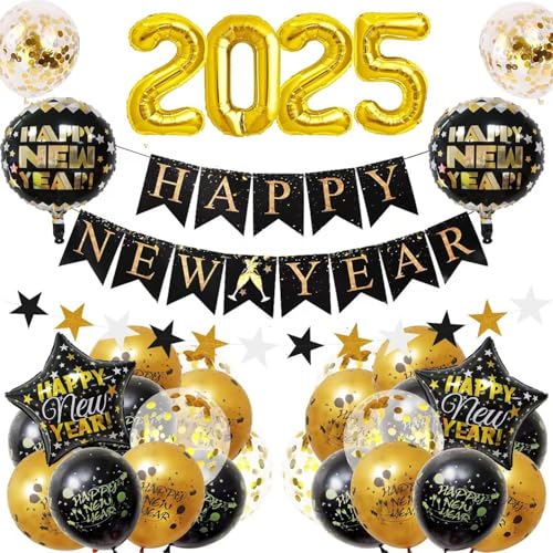 Silvester Deko 2025 XXL Party Set, Neujahr Deko 2025, Happy New Year Girlande, 2025 Folienballons, Schwarz Gold Luftballons Set Neujahrsballon für Silvesterparty Neujahr Deko von Sovanna