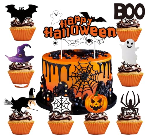 Halloween Tortendeko, 25 Stück Halloween Cupcake Toppers Kürbisse, Spinnen, Fledermäuse Tortendekorationen, Kuchen Deko für Kinder Halloween Party Deko von Sovanna