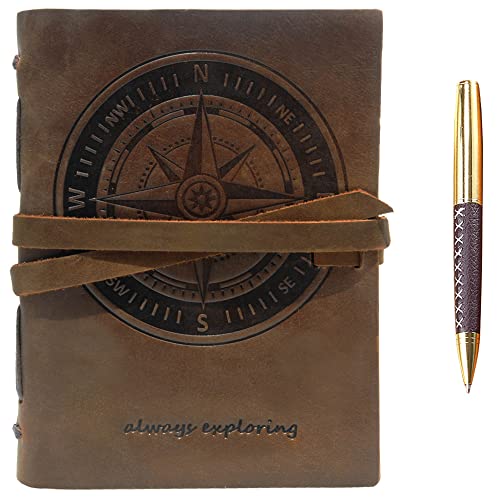 Leder Notizbuch A5 Tagebuch Journal Geprägt Kompass Handgefertigte Reisetagebuch, Vintage Notebook Für Männer Frauen Antik Rustikal Echtes Leder 21X15Cm Geschenk Sketchbook Reisende Travelers Notebook von Sovereign-Gear