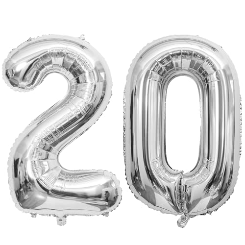 40 Zoll Silber 20 Nummer Ballons, Silber 2 & 0 Mylar Folie große Ballons, 20 Big Digit Zahl Ballon für Mädchen Jungen 20. Geburtstag Jahrestag Dekorationen Graduierung Party Supplies von Sowide