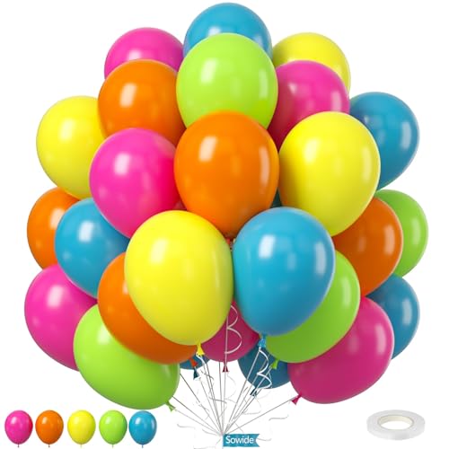 Regenbogenballons, 12 Zoll Gelb Orange Hot Pink Lime Grün Neon Ballons Multicolor für Kinder Regenbogengeburtstag Hawaiian Tropical Party Supplies Sommer Pool Party Baby Dusche Backdrop Dekorationen von Sowide