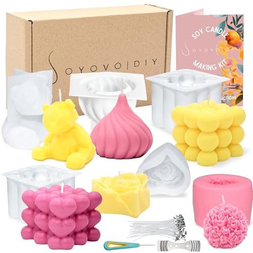 Soyovo DIY - 6Pcs Kerzenform Kerzen Kit, 3D DIY Silikonform Kerzen-Gießen Formen und Kerzendocht Set, DIY-KERZENZUBEHÖR zumGießen als Heimdekorationen, DIY Duftkerze, Seife von Soyovo DIY