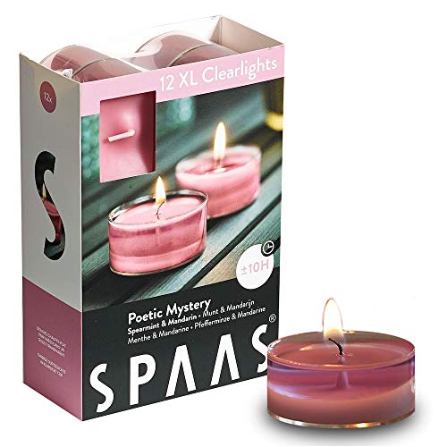 Spaas Scented Tealights in Transparent Clear Cup, Hours 12 Maxi Duftenden Clearlights, Teelichter mit durchsichtigem Halter, ± 10 Stunden-Poetic Mystery, Paraffinwachs, Zartrosa, D 57 mm x H 28 mm von Spaas