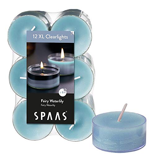 Spaas 12 Maxi Duftenden Clearlights, Teelichter mit durchsichtigem Halter, ± 8 Stunden - Fairy Waterlily von Spaas