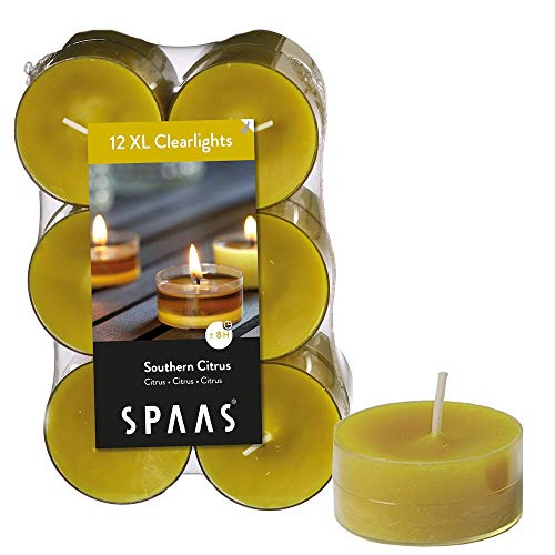 Spaas 12 Maxi Duftenden Clearlights, Teelichter mit durchsichtigem Halter, ± 8 Stunden-Southern Citrus, Paraffinwachs, Herbst gelb, D 56 mm x H 21 mm von Spaas