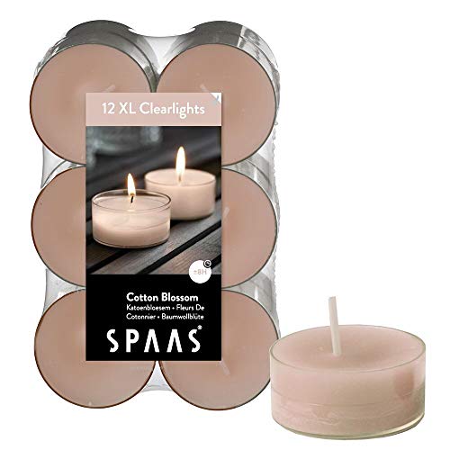 Spaas Scented Tealights in Transparent Clear Cup, ± 8 Hours 12 Maxi Duftenden Clearlights, Teelichter mit durchsichtigem Halter, ± 8 Stunden-Cotton Blossom, Paraffinwachs, Beige, D 56 mm x H 21 mm von Spaas