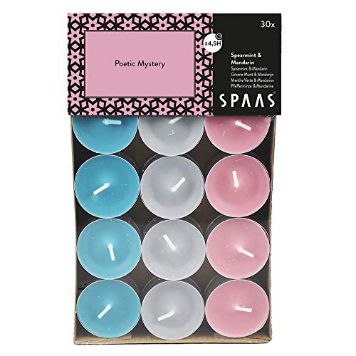 Spaas 30 Duft-Teelichter Farben Sortiert, ± 4,5 Stunden-Poetic Mystery, Paraffinwachs, Zartrosa, D 39 mm x H 16 mm von Spaas