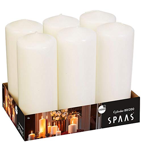 Spaas 6er-Pack Stumpenkerze 80/200 mm, ± 100 Stunden, ohne Duft-weiß, Paraffinwachs, D 80 mm x H, 6 von Spaas