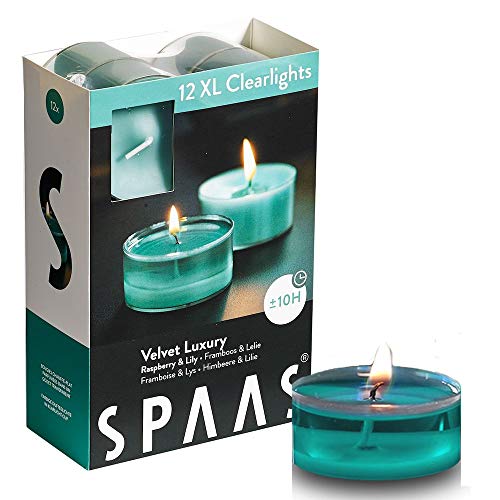 Spaas Scented Tealights in Transparent Clear Cup, Hours 12 Maxi Duftenden Clearlights, Teelichter mit durchsichtigem Halter, ± 10 Stunden-Velvet Luxury, Paraffinwachs, Smaragdgrün, D 57 mm x H 28 mm von Spaas