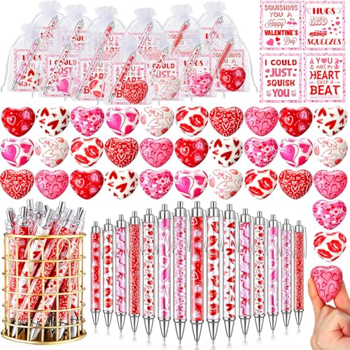 Spakon 128 Stück Valentine Herz Stressball Valentinstag Herz Kugelschreiber mit Geschenkkarten Weiß Organza-Beutel Mini Stressabbau Fidget Valentine Geschenk Preise für Party Favors Austausch von Spakon