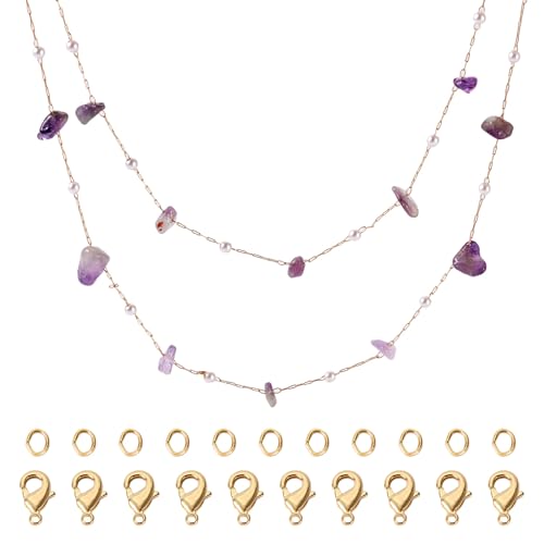 Sparkeads 1 m lange Kristall-Messing-Kette mit Kunstperlen, natürlicher Amethyst-Chips mit 20 Messing-Karabinerverschlüssen und Biegeringe für Schmuckherstellung, Damen, Handwerk, Armband, DIY von Sparkeads