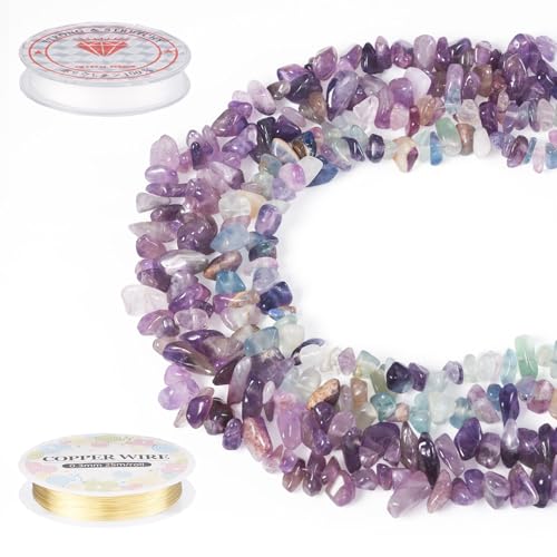 Sparkeads 2 Saiten natürlichen Fluorit und Amethyst Chip Bell 5-8 mm unregelmäßige Edelsteine Steinperlen mit elastischem Draht Kupfer Schmuckdraht für Armband, Schmuckherstellung von Sparkeads