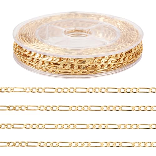 Sparkeads 5 m lange echte 18 Karat vergoldete Kette Messing Figaroketten Goldkette für Damen und Herren, gelötete Kette mit Tasche für Schmuckherstellung, Handwerk, Armband, DIY-Zubehör von Sparkeads