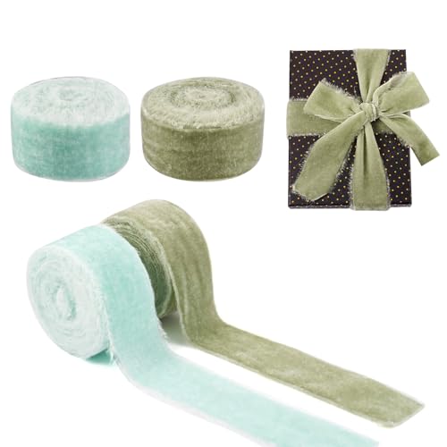 Sparkeads Samtband für Belvet Ribbon Elvet Ribbon Ausgefranste Fransen Grün Ribbon Celvet Band für Kranz Dekoration Blumen Handgemachte Handwerk Geschenkverpackung Schleifenherstellung, 37–38 mm, 2 von Sparkeads