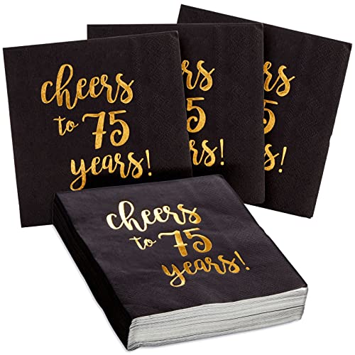 Sparkle and Bash Cocktail-Servietten aus Papier mit Aufschrift "Cheers to 75 Years", Schwarz und Gold, 50 Stück von Sparkle and Bash