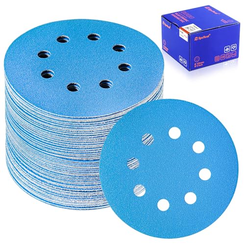 SpeTool Schleifpapier 125mm Klett 60 Stück Schleifscheiben Schleifpapier 120 körnung für Exzenterschleifer 8 Löchern Keramik Schleifpapier Set für Holz Epoxidharz Metall Oberfläche Automobilbleche von SpeTool