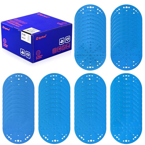 SpeTool Schleifpapier 150mm Klett mit 49 Löchern 60 Stück Schleifpapier Set Körnung 80 120 180 240 320 400 Keramik Schleifscheiben 150mm klett Tellerschleifer Schleifpapier für Holz Metall von SpeTool