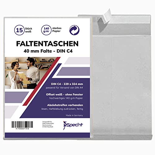 15 Faltentasche Versandtasche C4 Bodenfalte 40mm in Weiß ohne Fenster, mit Haftklebung und Abdeckstreifen, 229 x 324 x 40 mm, Premium Qualität, 140g/qm Papier, mit Falte, Faltenversandtasche von Specht