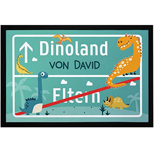 SpecialMe® Fußmatte Kinderzimmer personalisiert Dino-Land von Wunschname Türvorleger Kind rutschfest & waschbar weiß 60x40cm von SpecialMe