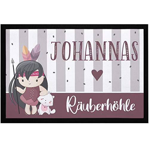 SpecialMe® Fußmatte Kinderzimmer personalisiert mit Name Räuberhöhle Türvorleger Indianer-Mädchen rutschfest & waschbar weiß 60x40cm von SpecialMe