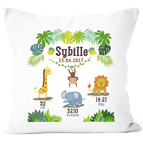 SpecialMe® Geburtskissen Dschungel Safari Löwe Elefant Giraffe Namenskissen personalisierbares Kissen zur Geburt Junge Mädchen, Kissen-Bezug ohne Füllung weiß Unisize von SpecialMe