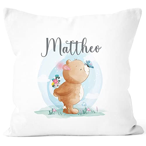 SpecialMe® Kissen-Bezug Kinder Tiermotive Bär, Hase, Fuchs mit Namen Namenskissen Kinder Baby personalisierte Geschenke Bär weiß Standard von SpecialMe