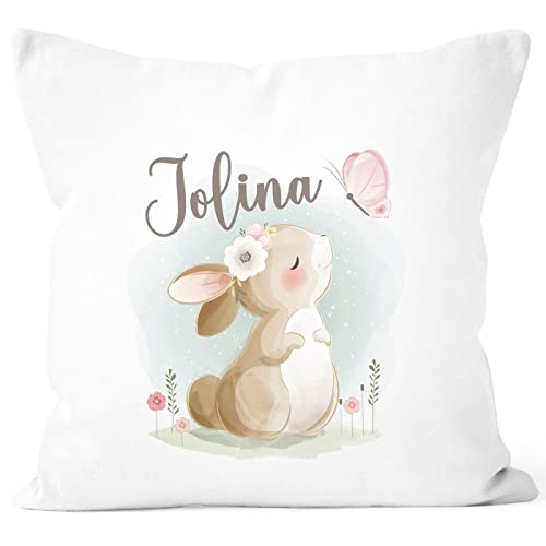 SpecialMe® Kissen-Bezug Kinder Tiermotive Bär, Hase, Fuchs mit Namen Namenskissen Kinder Baby personalisierte Geschenke Hase weiß Standard von SpecialMe