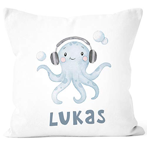 SpecialMe® Kissen-Bezug Kinder mit Namen Octopus Unterwasser Tiermotiv Namenskissen Kinder Baby weiß 40cm x 40cm von SpecialMe