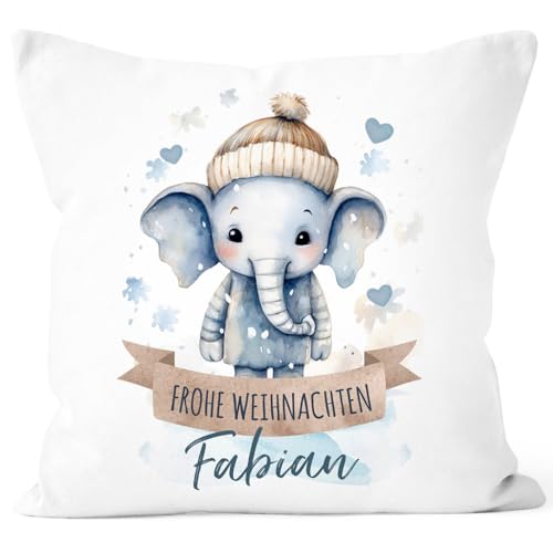 SpecialMe® Kissen-Bezug Weihnachten Tier-Motive personalisiert mit Namen Namenskissen Geschenk für Jungen und Mädchen Baby Elefant weiß Standard von SpecialMe