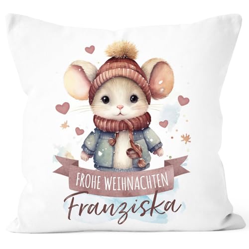 SpecialMe® Kissen-Bezug Weihnachten Tier-Motive personalisiert mit Namen Namenskissen Geschenk für Jungen und Mädchen Baby Maus weiß Standard von SpecialMe