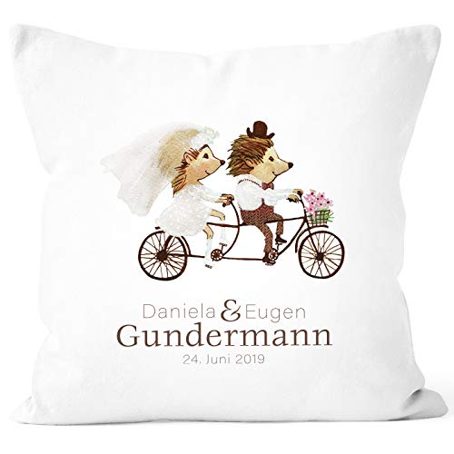 SpecialMe® personalisierbare Kissenhülle zur Hochzeit, Hochzeitskissen Igel Fahrrad Tandem Hochzeitsgeschenk Geldgeschenk weiß Unisize von SpecialMe